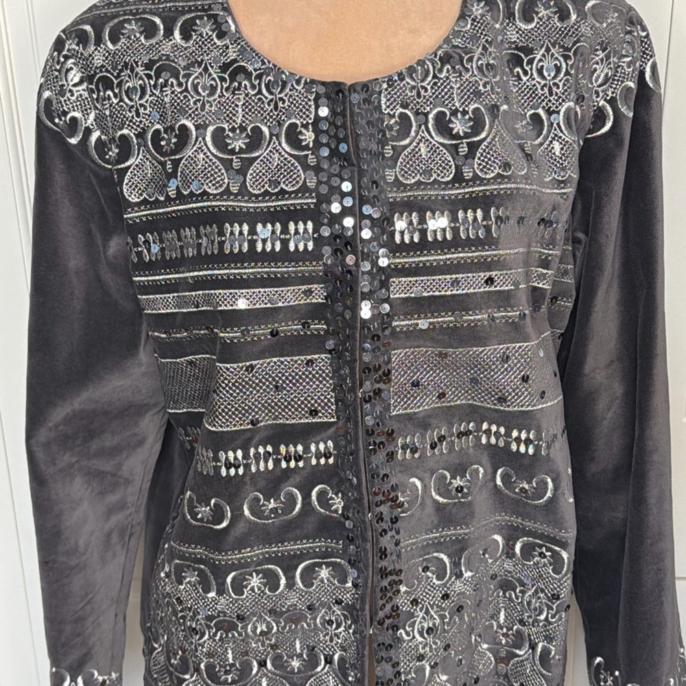 DG2 Diane Gilman Grey Silver Velvet Jacket Top Sz XL Embellished Sequins Holiday